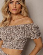  Set Bej cu Flori 2 Piese Top Stil Carmen și Fustă cu Volan Crispa