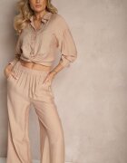  Set Bej cu Viscoză Pantaloni largi și Cămașă cu Broderie Etno Nolabina