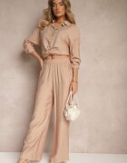  Set Bej cu Viscoză Pantaloni largi și Cămașă cu Broderie Etno Nolabina