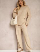  Set Bej Deschis cu Lână și Bumbac Pantaloni cu Croială Largă Pulover cu Nasturi și Despicătură Sialwen