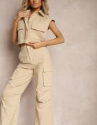  Set Bej din Bumbac Pantaloni stil cargo Cămașă încheiată cu nasturi cu Buzunare Dimnas