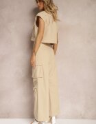  Set Bej din Bumbac Pantaloni stil cargo Cămașă încheiată cu nasturi cu Buzunare Dimnas