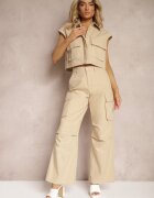  Set Bej din Bumbac Pantaloni stil cargo Cămașă încheiată cu nasturi cu Buzunare Dimnas