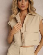  Set Bej din Bumbac Pantaloni stil cargo Cămașă încheiată cu nasturi cu Buzunare Dimnas