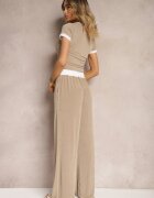  Set Bej din material reiat Tricou Pantaloni largi cu elastic în talie Alandrea