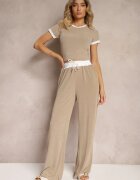  Set Bej din material reiat Tricou Pantaloni largi cu elastic în talie Alandrea