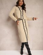  Set Bej din Vâscoză Retro din Tricot cu Păr Lung Cardigan și Fustă Sailine