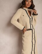  Set Bej din Vâscoză Retro din Tricot cu Păr Lung Cardigan și Fustă Sailine