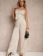  Set Bej din Viscoză cu Dungi Verticale Top și Pantaloni Largi Miltebia