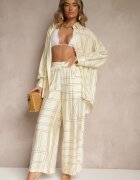  Set bej din Viscoză Decorat cu Imprimeu Geometric Cămașă și Pantaloni Hanovin