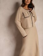  Set bej din viscoză: Fustă evazată cu elastic în talie și Cardigan deschis Veriiana