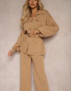  Set Bej din Viscoză Pantaloni cu Croială Largă și Cardigan cu Nasturi Decorativi și Cordon Creona