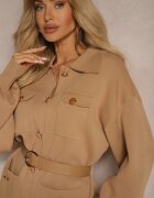  Set Bej din Viscoză Pantaloni cu Croială Largă și Cardigan cu Nasturi Decorativi și Cordon Creona