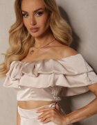  Set Bej Fustă Lungă Evazată cu Fentă pe Lateral și Bluză Carmen Virera