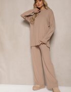  Set bej închis 2 piese din Tricot cu Viscoză Pulover cu Semiguler și Pantaloni cu Elastic Firiala