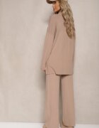  Set bej închis 2 piese din Tricot cu Viscoză Pulover cu Semiguler și Pantaloni cu Elastic Firiala