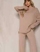  Set bej închis 2 piese din Tricot cu Viscoză Pulover cu Semiguler și Pantaloni cu Elastic Firiala
