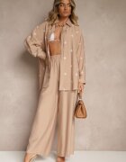  Set Bej închis din Viscoză Cămașă Decorată cu Broderie și Pantaloni Largi Hanarella