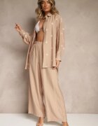  Set Bej închis din Viscoză Cămașă Decorată cu Broderie și Pantaloni Largi Hanarella