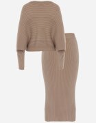  Set Bej închis din Viscoză cu Dungi Fustă cu Elastic în Talie și Bluză cu Croi Liliac Korttisa