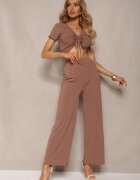  Set Bej închis Tricou cu nervuri Pantaloni largi cu elastic în talie Tolan