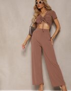  Set Bej închis Tricou cu nervuri Pantaloni largi cu elastic în talie Tolan
