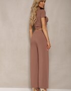  Set Bej închis Tricou cu nervuri Pantaloni largi cu elastic în talie Tolan