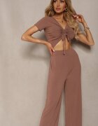  Set Bej închis Tricou cu nervuri Pantaloni largi cu elastic în talie Tolan