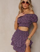  Set bleumarin cu flori din 2 piese Top stil spaniol și Fustă cu volan Crispa