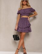  Set bleumarin cu flori din 2 piese Top stil spaniol și Fustă cu volan Crispa