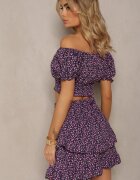  Set bleumarin cu flori din 2 piese Top stil spaniol și Fustă cu volan Crispa