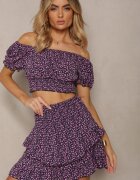  Set bleumarin cu flori din 2 piese Top stil spaniol și Fustă cu volan Crispa