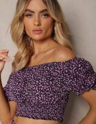  Set bleumarin cu flori din 2 piese Top stil spaniol și Fustă cu volan Crispa