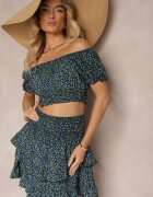  Set Bleumarin Floral Bluză Carmen Fustă cu volane și elastic în talie Ristelle