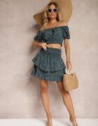  Set Bleumarin Floral Bluză Carmen Fustă cu volane și elastic în talie Ristelle
