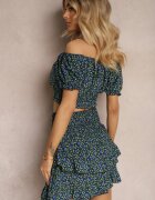  Set Bleumarin Floral Bluză Carmen Fustă cu volane și elastic în talie Ristelle