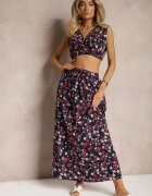  Set Bleumarin-Roșu Două Piese Top Fără Mâneci Fustă cu Elastic în Talie cu Flori Dimanisa