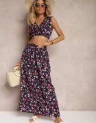  Set Bleumarin-Roșu Două Piese Top Fără Mâneci Fustă cu Elastic în Talie cu Flori Dimanisa