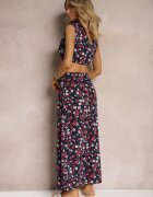  Set Bleumarin-Roșu Două Piese Top Fără Mâneci Fustă cu Elastic în Talie cu Flori Dimanisa
