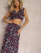  Set Bleumarin-Roșu Două Piese Top Fără Mâneci Fustă cu Elastic în Talie cu Flori Dimanisa