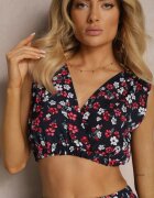  Set Bleumarin-Roșu Două Piese Top Fără Mâneci Fustă cu Elastic în Talie cu Flori Dimanisa
