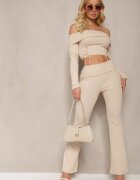  Set Casual Bej cu Bluză Carmen cu Curelușe și Pantaloni Elastici Clopot din Bumbac Marata