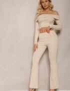  Set Casual Bej cu Bluză Carmen cu Curelușe și Pantaloni Elastici Clopot din Bumbac Marata