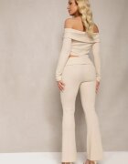  Set Casual Bej cu Bluză Carmen cu Curelușe și Pantaloni Elastici Clopot din Bumbac Marata