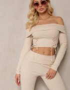  Set Casual Bej cu Bluză Carmen cu Curelușe și Pantaloni Elastici Clopot din Bumbac Marata