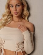  Set Casual Bej cu Bluză Carmen cu Curelușe și Pantaloni Elastici Clopot din Bumbac Marata