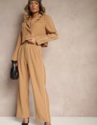  Set costum bej cu lampas Sacou scurt și Pantaloni largi cu pense Lorenda