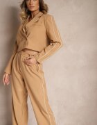  Set costum bej cu lampas Sacou scurt și Pantaloni largi cu pense Lorenda