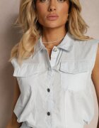  Set de bumbac Albastru deschis Top tip cămașă cu nasturi Pantaloni scurți cu croială lejeră și elastic în talie Nestasue