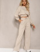  Set de bumbac Bej Bluză scurtă cu bordură elastică și Pantaloni largi cu șnur în talie Rionnea